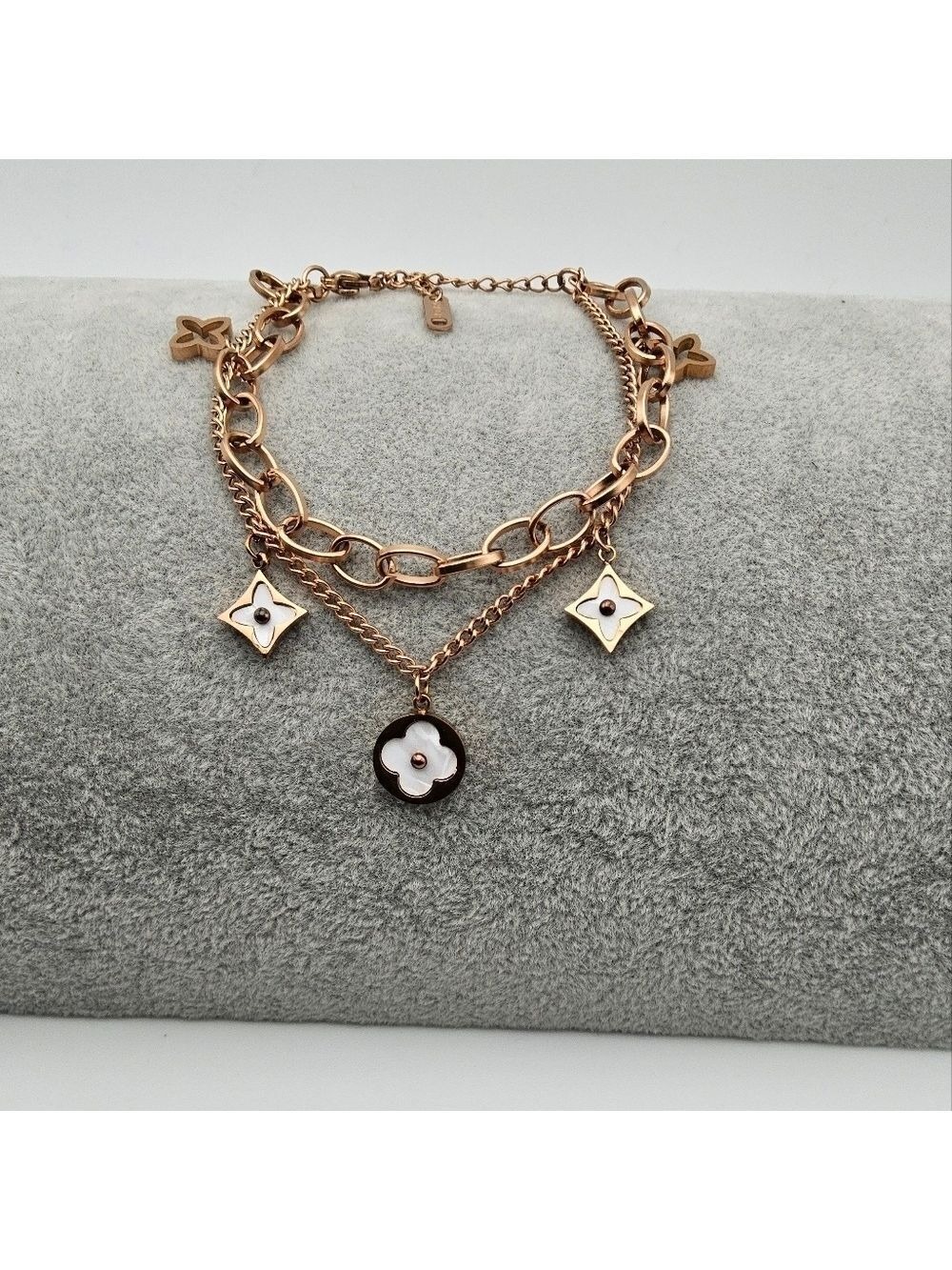 Elegant 18K Rose Gold Plated Stainless Steel Charm Bracelet, Clover/ Pearl White